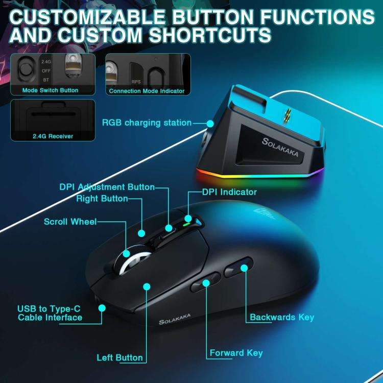 SOLAKAKA SM820 Tri-Mode 22000DPI 1000Hz Wireless Gaming Mouse with RGB Charging Dock