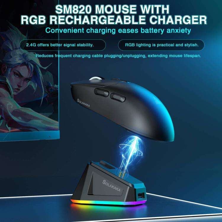 SOLAKAKA SM820 Tri-Mode 22000DPI 1000Hz Wireless Gaming Mouse with RGB Charging Dock