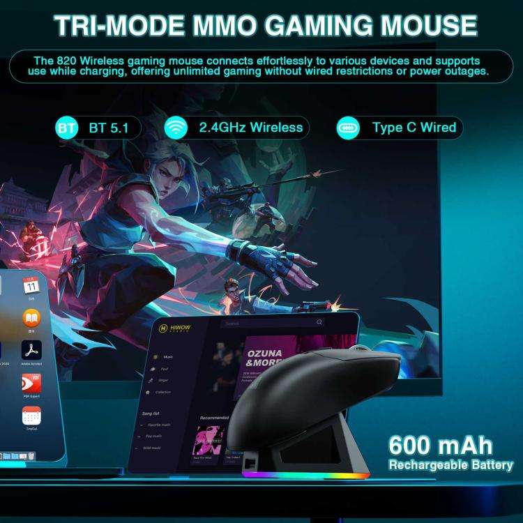 SOLAKAKA SM820 Tri-Mode 22000DPI 1000Hz Wireless Gaming Mouse with RGB Charging Dock