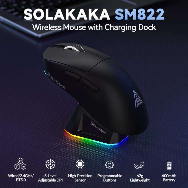 SOLAKAKA SM822 Tri-Mode 24000DPI 1000Hz Wireless Gaming Mouse with RGB Charging Dock