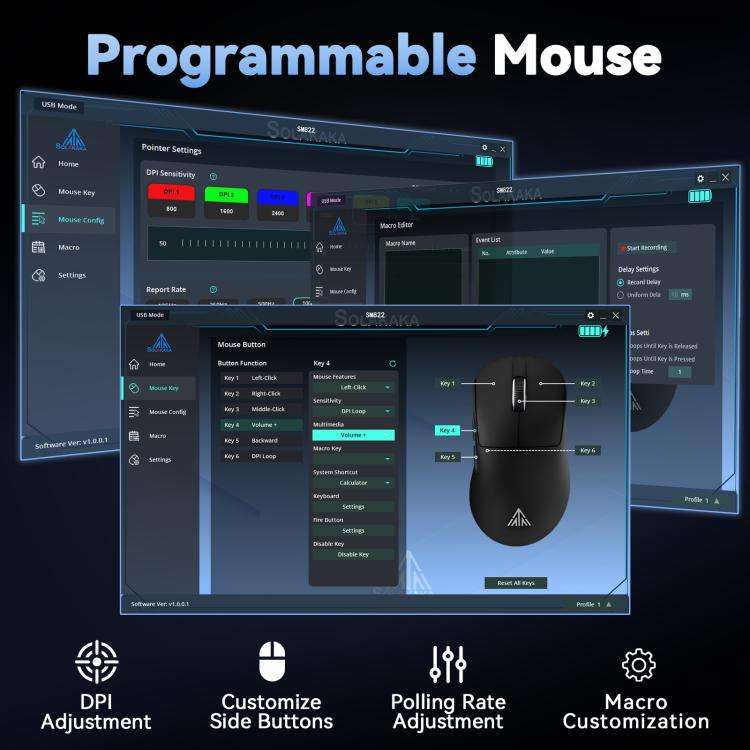 SOLAKAKA SM822 Tri-Mode 24000DPI 1000Hz Wireless Gaming Mouse with RGB Charging Dock