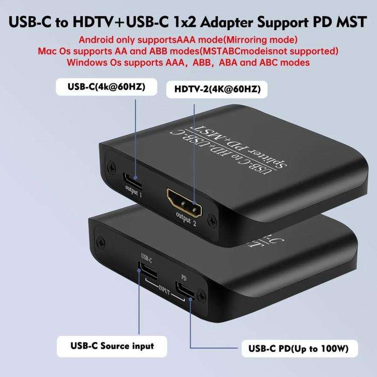 NK-E70 Type-C to HDTV, Type-C 4K 60Hz PD Power Port HD Video Splitter, Support MST and SST, Type-...