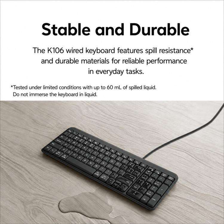 Logitech K106 USB Waterproof Splash Wired Keyboard, K106