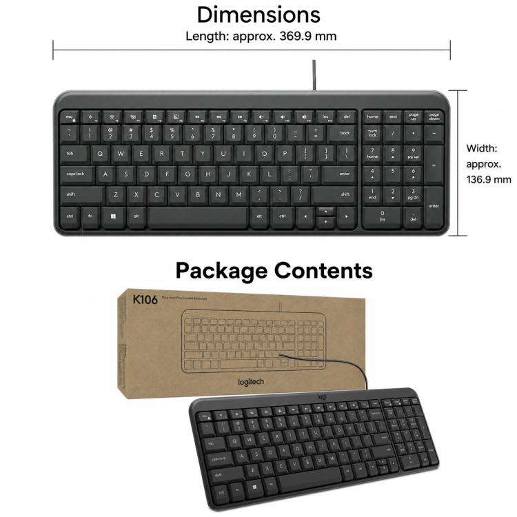 Logitech K106 USB Waterproof Splash Wired Keyboard, K106