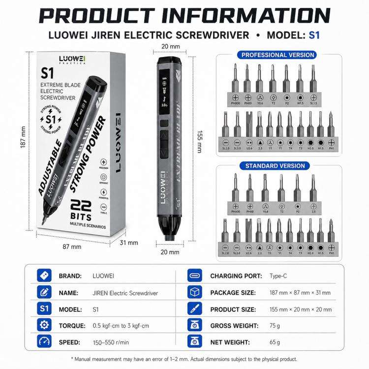LUOWEI Adjustable Torque Electric Screwdriver Set, S1, S1 Pro