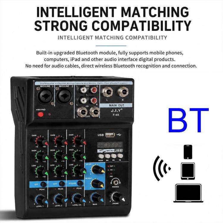 F-4A Multi-function Professional 4-way Recording Mixer Bluetooth Live Streaming Sound Card, EU Pl...