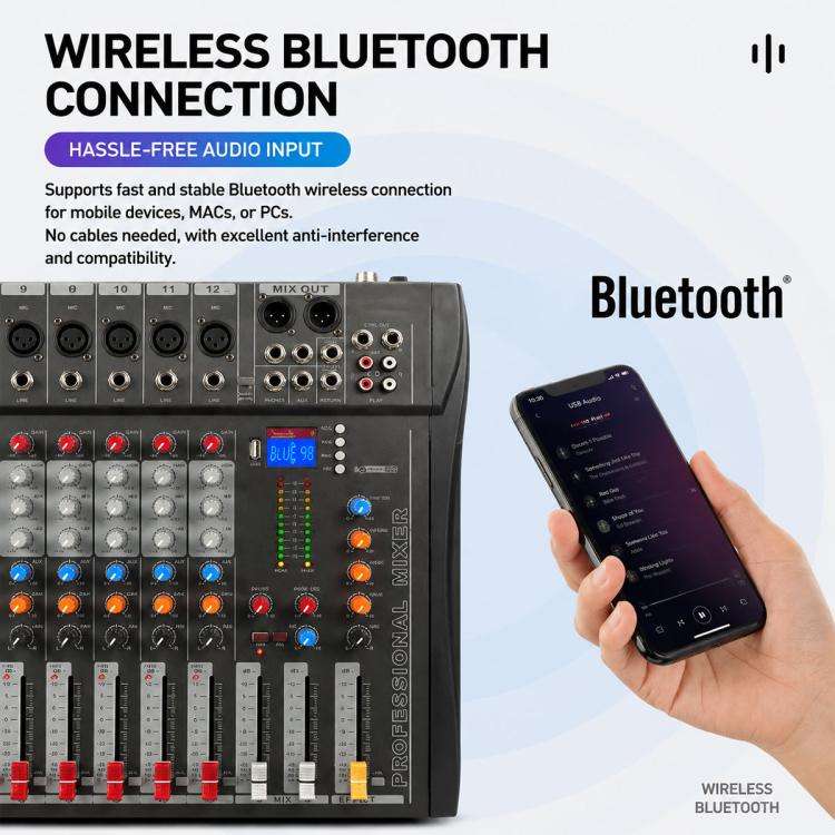 CT-12 12-Channel Professional Bluetooth Recording Live Streaming Mixer, EU Plug, UK Plug, US Plug