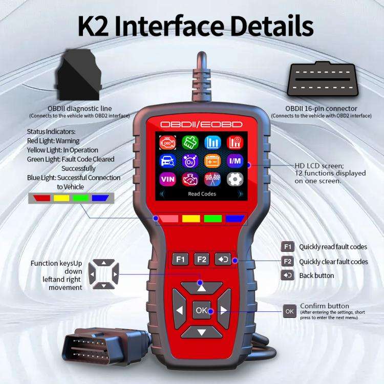 K2 Car OBDII Diagnostic Tool Smart Engine Fault Detector HUD, K2