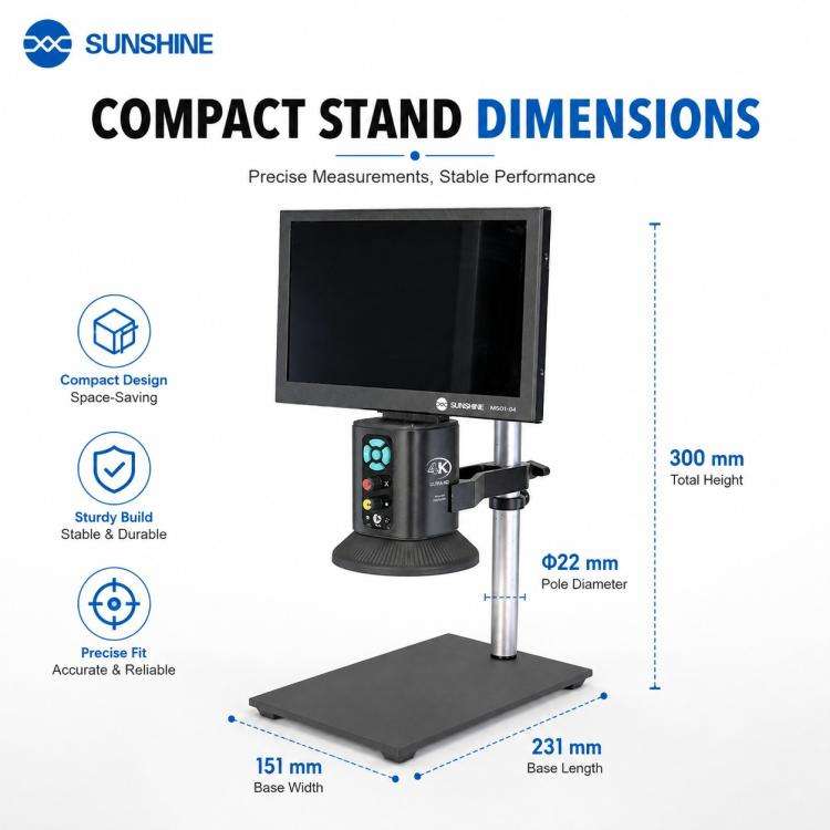 SUNSHINE MS10E-04 4K HD Digital Microscope with Metal Stand Base & 10-inch Large Display, EU Plug...