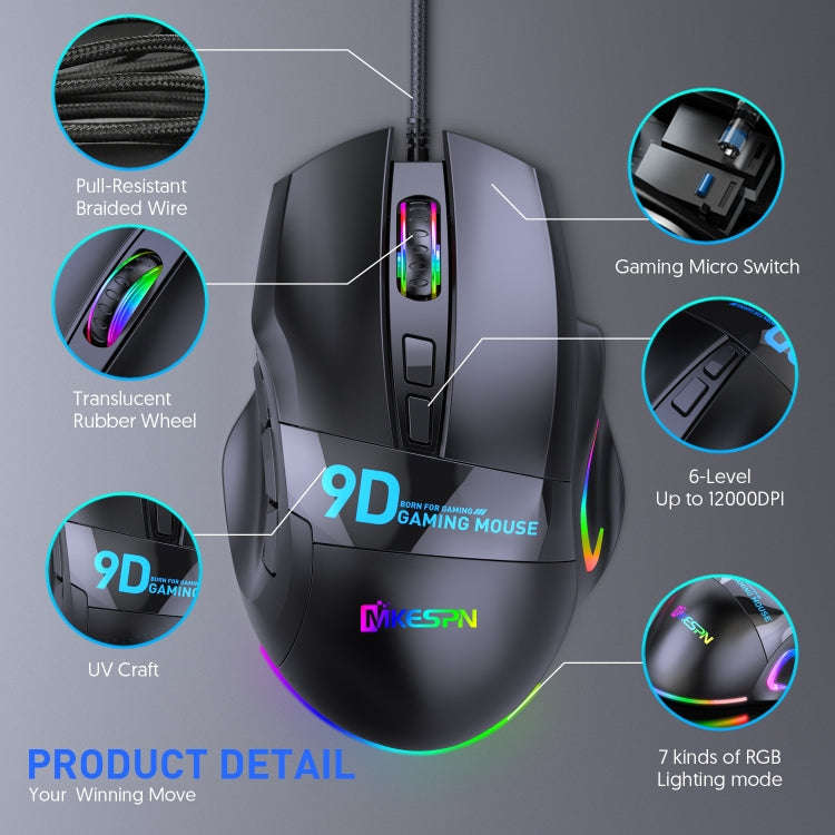 MKESPN X10 9-Buttons RGB Wired Macro Definition Gaming Mouse, Macro Definition