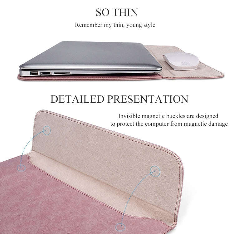 PU01S PU Leather Horizontal Invisible Magnetic Buckle Laptop Inner Bag for 14.1 inch laptops, wit...