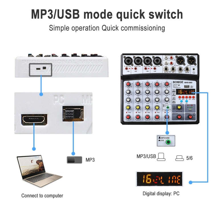 BMG-06D 6-channel Live Mixer Mobile Phone Bluetooth Sound Card Digital 16DSP Reverb Effect, EU Pl...