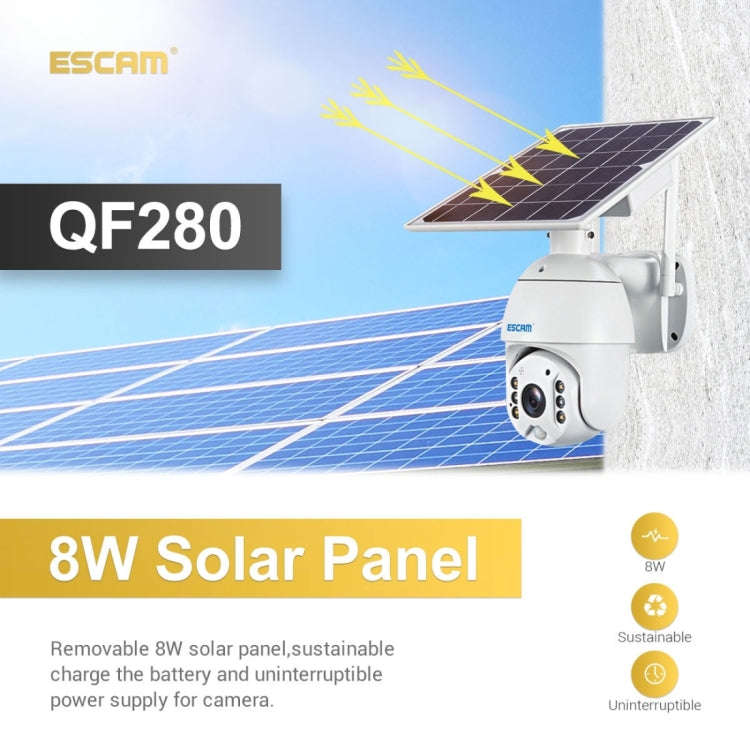 ESCAM QF280 HD 1080P IP66 Waterproof WiFi Solar Panel PT IP Camera with Battery, Support Night Vi...