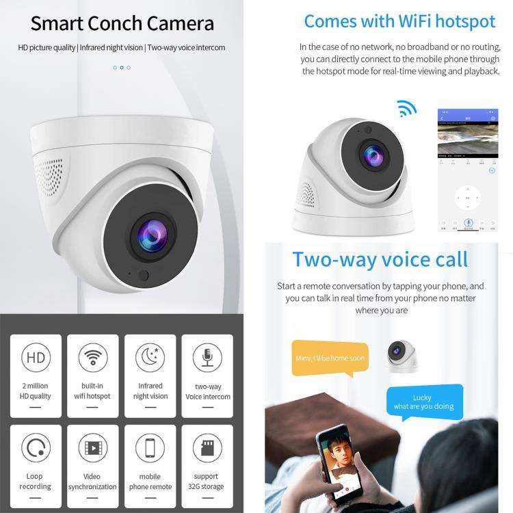 A5 Smart Conch WiFi Camera 1080P HD Night Vision IP Camera, A5 (AU Plug), A5 (EU Plug), A5 (US Pl...