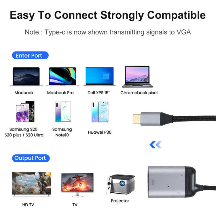 4K UHD USB-C / Type-C to VGA + PD Data Sync Adapter Cable, Type-C to VGA
