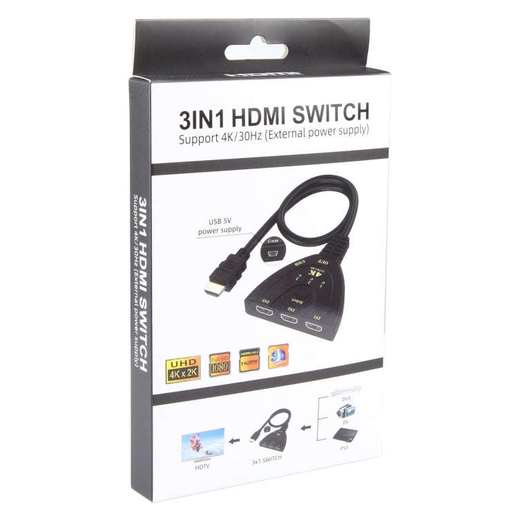 3 x 1 4K 30Hz HDMI Switcher with Pigtail HDMI Cable, Support External Power Supply, External Powe...