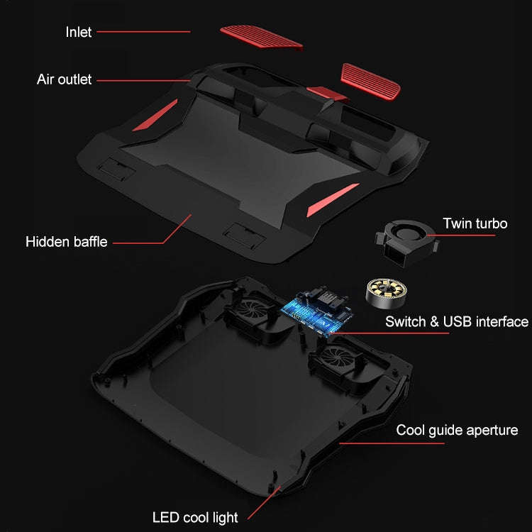 SSRQ-021S Red Light + Adapter Version Flank Glowing Dual-fan Laptop Radiator Two-speed Adjustable...