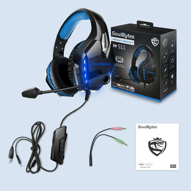 Soulbytes S11 USB + 3.5mm 4 Pin Adjustable LED Light Gaming Headset with Mic, S11(Blue)
