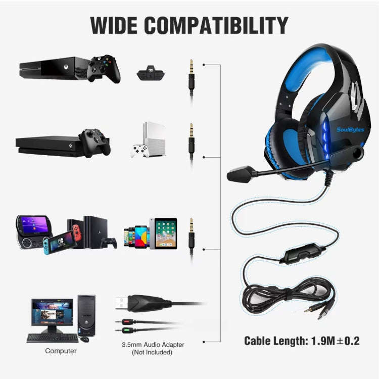 Soulbytes S11 USB + 3.5mm 4 Pin Adjustable LED Light Gaming Headset with Mic, S11(Blue)