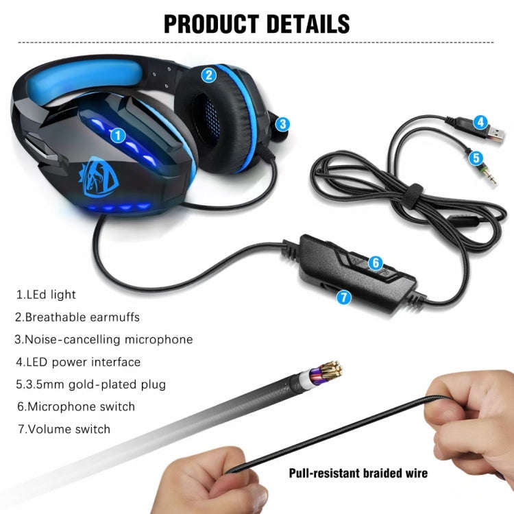 Soulbytes S11 USB + 3.5mm 4 Pin Adjustable LED Light Gaming Headset with Mic, S11(Blue)