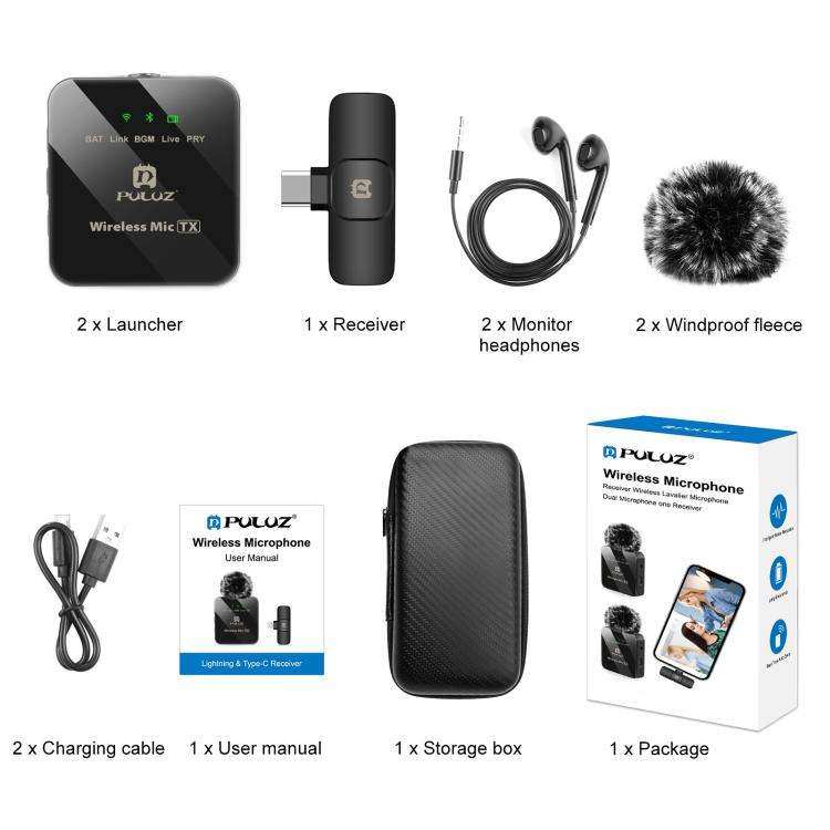 PULUZ Wireless Lavalier Microphone for Type-C Phone, Type-C Receiver and Dual Microphones, Type-C...
