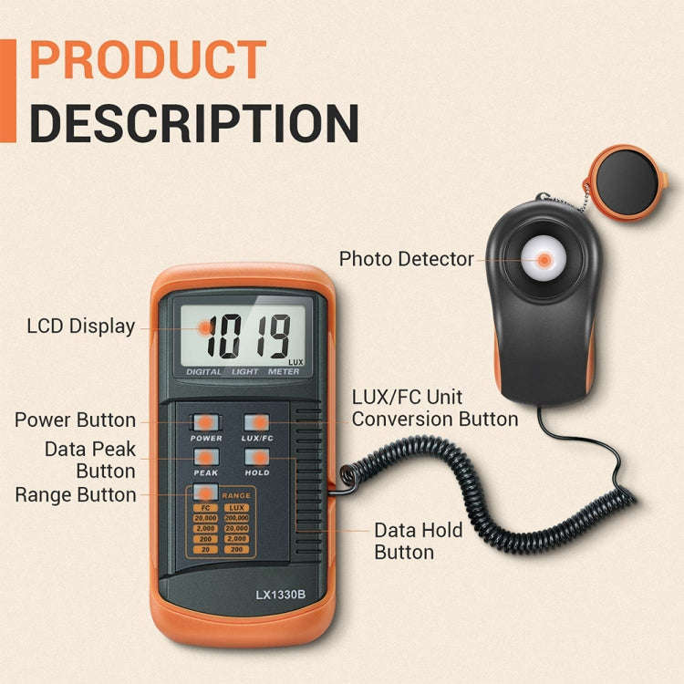 Digital Light Meter, Measuring Range: 0.1-200000 Lux, LX1330B