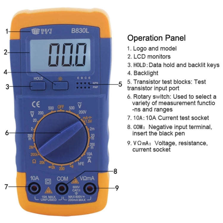 BEST BST- B830L 9V LCD Screen Display Digital Multimeter, BST- B830L