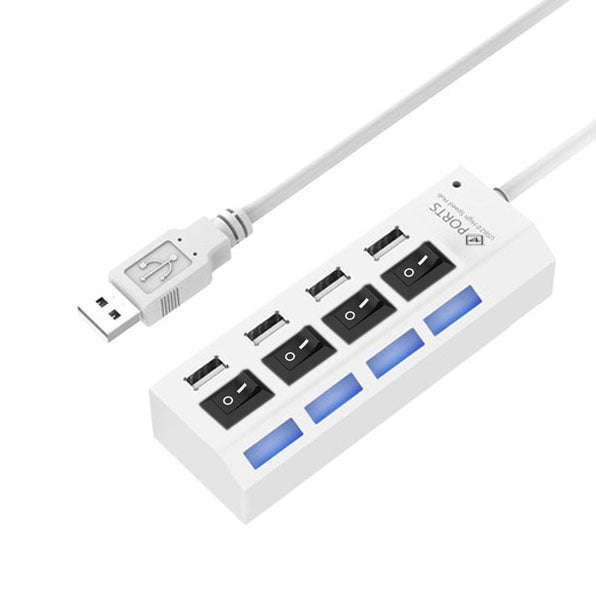 4 Ports USB Hub 2.0 USB Splitter High Speed 480Mbps with ON/OFF Switch, 4 LED, 4 Ports (White)