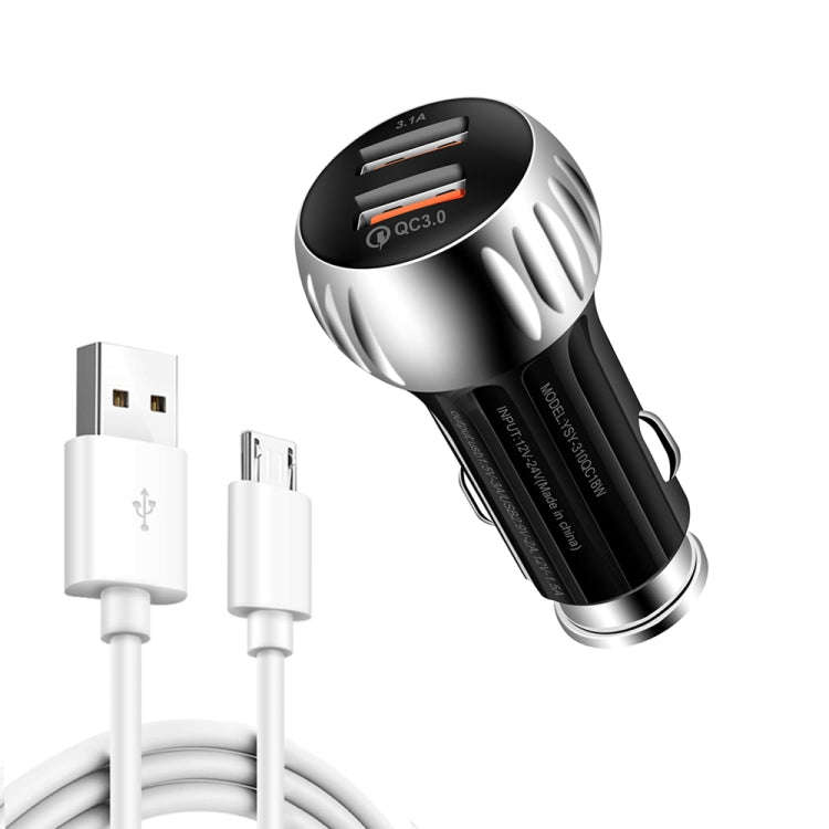 YSY-310QC18W QC3.0 Dual Port USB Car Charger + 3A USB to Micro USB Data Cable, Cable Length: 1m, ...