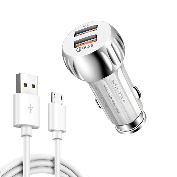YSY-310QC18W QC3.0 Dual Port USB Car Charger + 3A USB to Micro USB Data Cable, Cable Length: 1m, ...