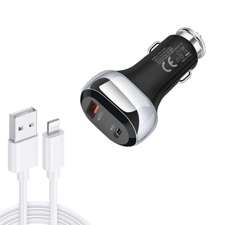 YSY-312PD QC3.0 18W USB + PD 20W USB-C / Type-C Car Charger with USB to 8 Pin Data Cable, PD 20W ...