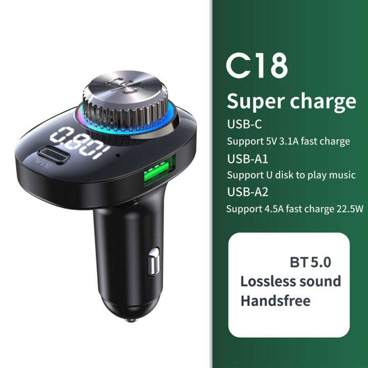 C18 Car Audio Receiver 3.1A Quick Charge USB Device BT 5.0 Color LED Backlight FM Transmitter, C18