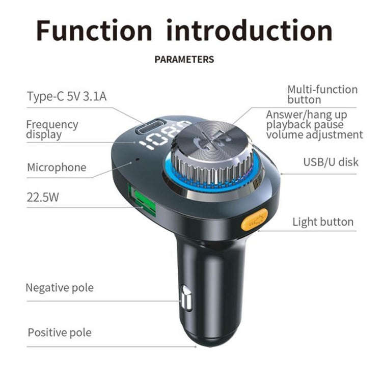 C18 Car Audio Receiver 3.1A Quick Charge USB Device BT 5.0 Color LED Backlight FM Transmitter, C18