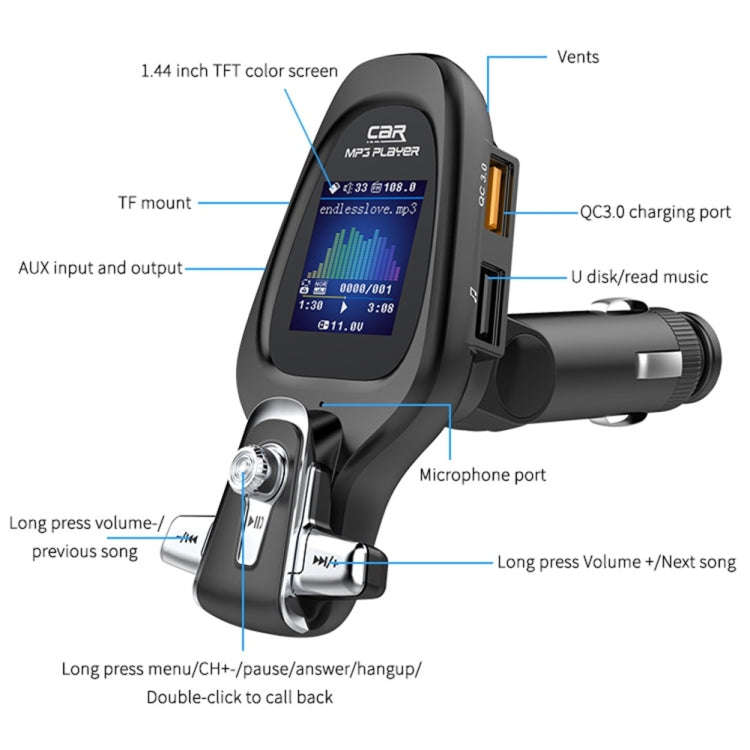 BT28 Car Color Screen Bluetooth MP3 Player AUX FM Transmitter QC3.0, BT28