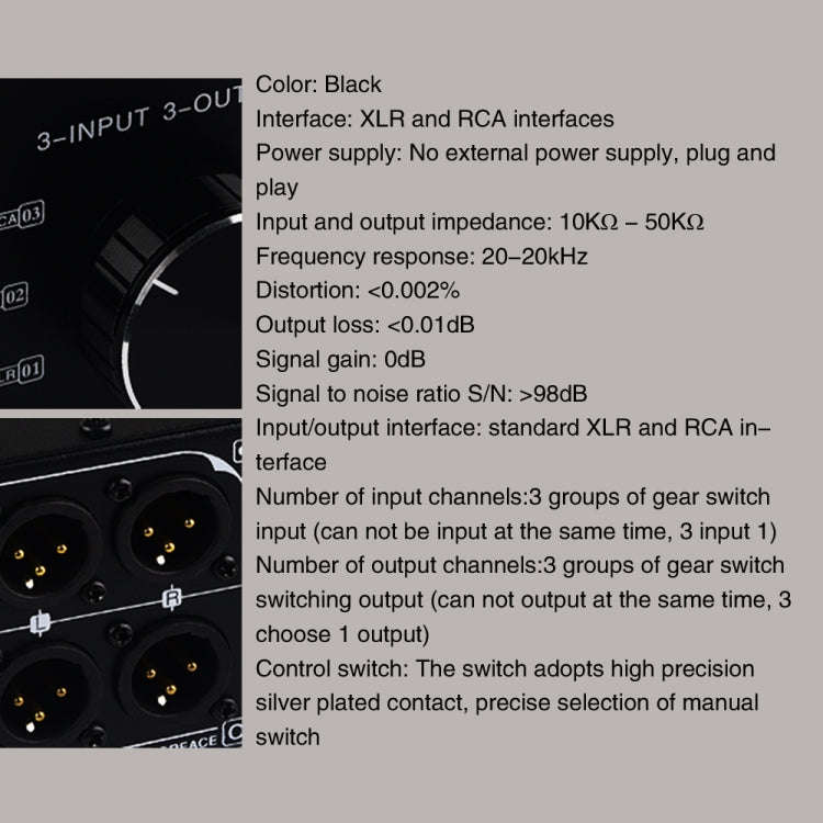 3 Input To 3 Output Fully Balanced XLR Signal Passive Stereo Selector Switch Switcher, B033