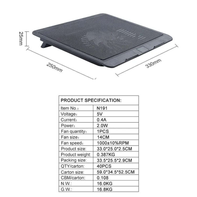 N191 USB Powered Portable Slim Silent Fan Laptop Cooling Pad with Stand, N191