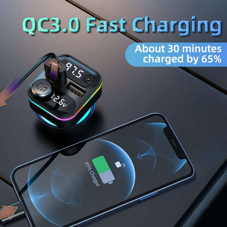 C37 Car QC3.0 20W Fast Charger LED Backlit Atmosphere Light MP3 Player Bluetooth FM Transmitter, C37