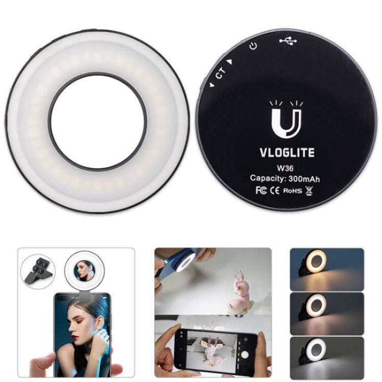 VLOGLITE W36 Mini LED Cell Phone Fill Light With Makeup Mirror Magnetic Selfie Ring Light, W36 Mi...