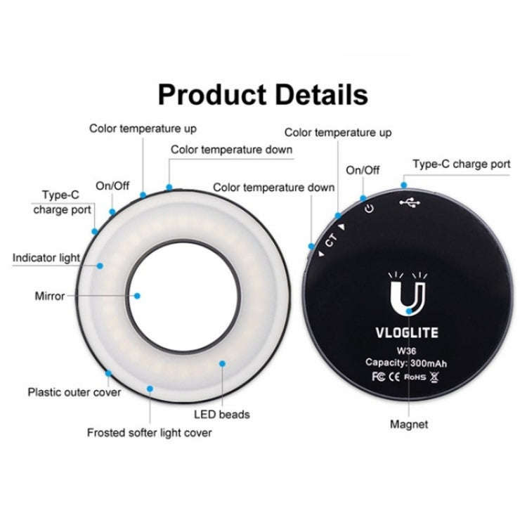 VLOGLITE W36 Mini LED Cell Phone Fill Light With Makeup Mirror Magnetic Selfie Ring Light, W36 Mi...