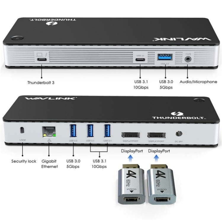 WAVLINK UTD21H 11 in 1 4K Dual DisplayPort Hub Converter Thunderbolt 3 Docking Station, US Plug, ...