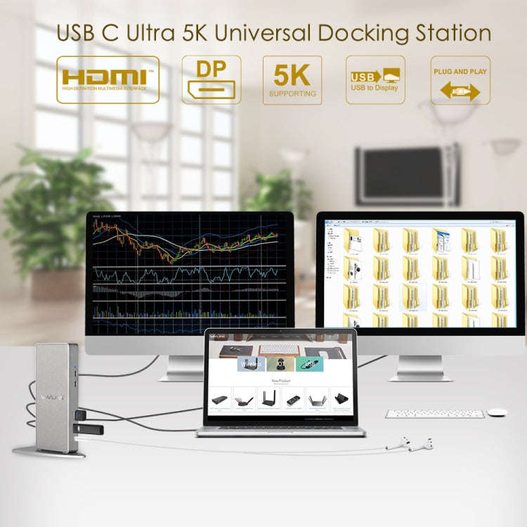 WAVLINK WL-UG69DK7 Laptops Type-C Universal Desktop Docking Station Aluminum Alloy HUB Adapter, U...