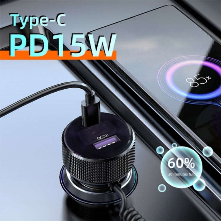 K18B 12-24V Car Charger USB+Type-C Dual Port Charging Adapter with PD 30W Type-C Spring Cable, K18B