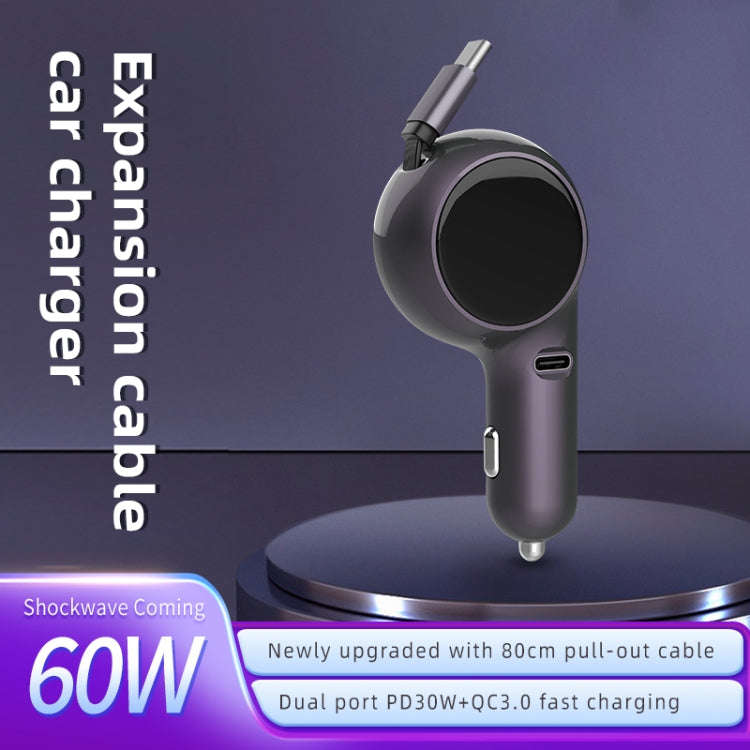 K2 With 60W Type-C Retractable Cable Type-C Port Phone Fast Charging Adapter Car Charger