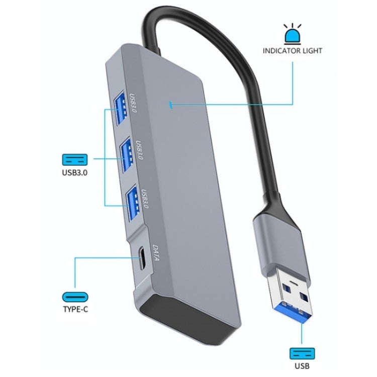 ADS-309A  Aluminum Alloy USB to 3  x USB 3.0 + Type-C Data Port Expansion Hub Adapter, ADS-309A
