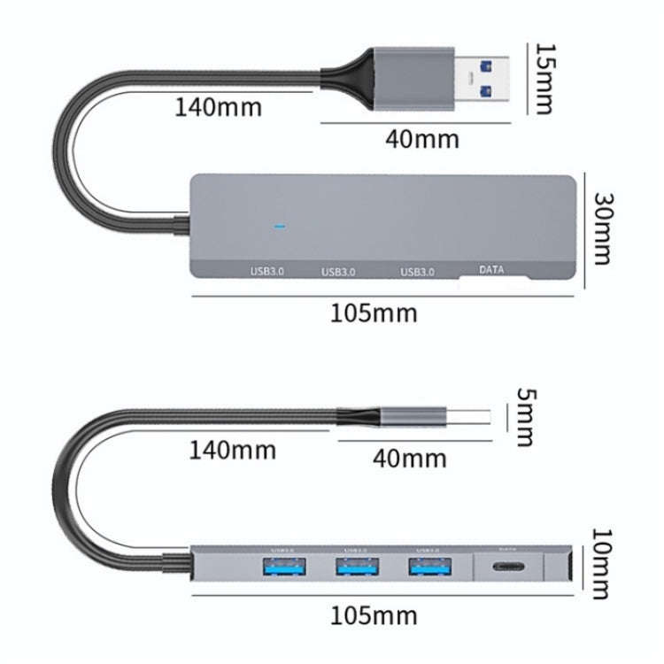 ADS-309A  Aluminum Alloy USB to 3  x USB 3.0 + Type-C Data Port Expansion Hub Adapter, ADS-309A