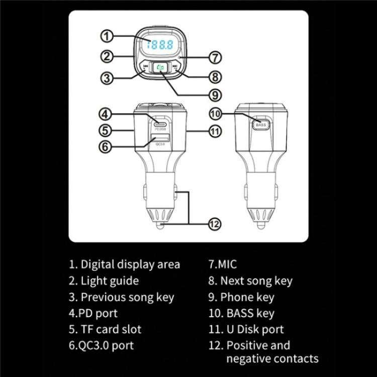 BC80 Hands-Free Calling Voltage Display Adapter Car Charger Bluetooth-Compatible MP3 Player, BC80