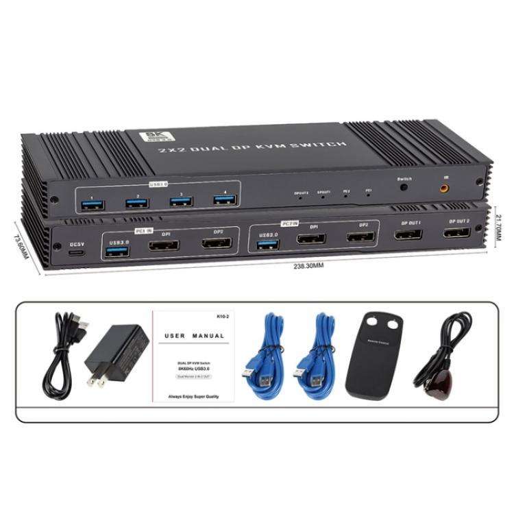 K10-2 For 2 Computers/Monitors USB 3.0 Dual DP Output 8K 60Hz 2x2 Version 2.1 KVM Switcher, US Pl...