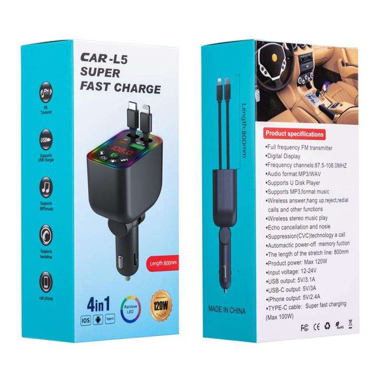 L5 Car Bluetooth-Compatible MP3 Player Hands Free Calling FM Transmitter Fast Charger, L5