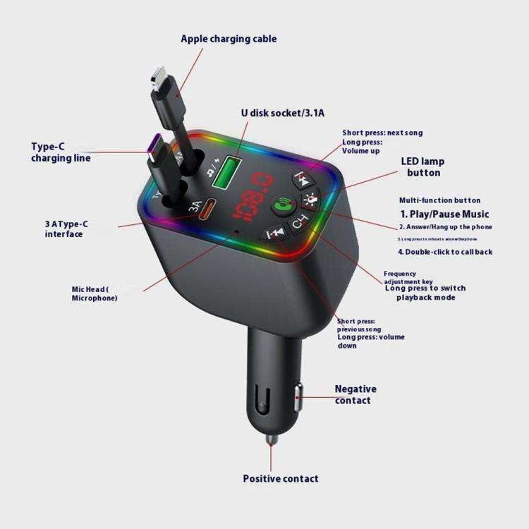 L5 Car Bluetooth-Compatible MP3 Player Hands Free Calling FM Transmitter Fast Charger, L5