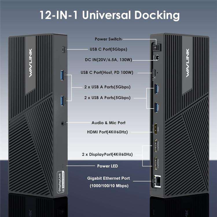 WAVLINK UG69PD24 12-in-1 PD 100W Charging Displaylink Docking Station For Thunderbolt 4 / 3, UG69...